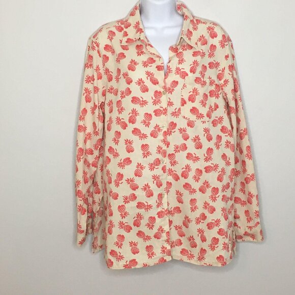 Paradise Shores Womens LINEN Blend Tunic Top M Pink Ivory PINEAPPLE Button Up - Picture 3 of 11
